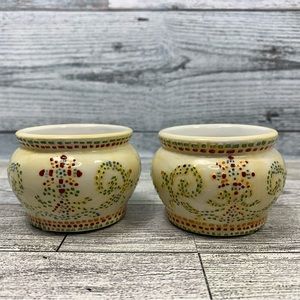 Two Small Glazed Ceramic Pots Floral Needlepoint Pointillism Mosaic Pattern
